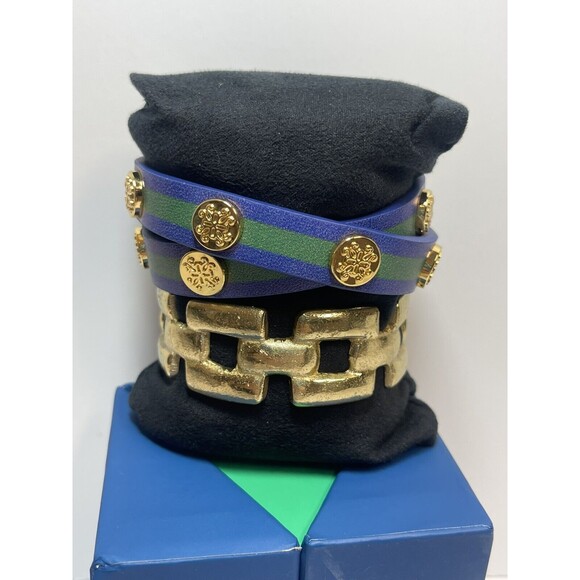 Rustic Cuff Gold Metal Cuff & Double Wrap Leather Bracelet Set New - Picture 2 of 4